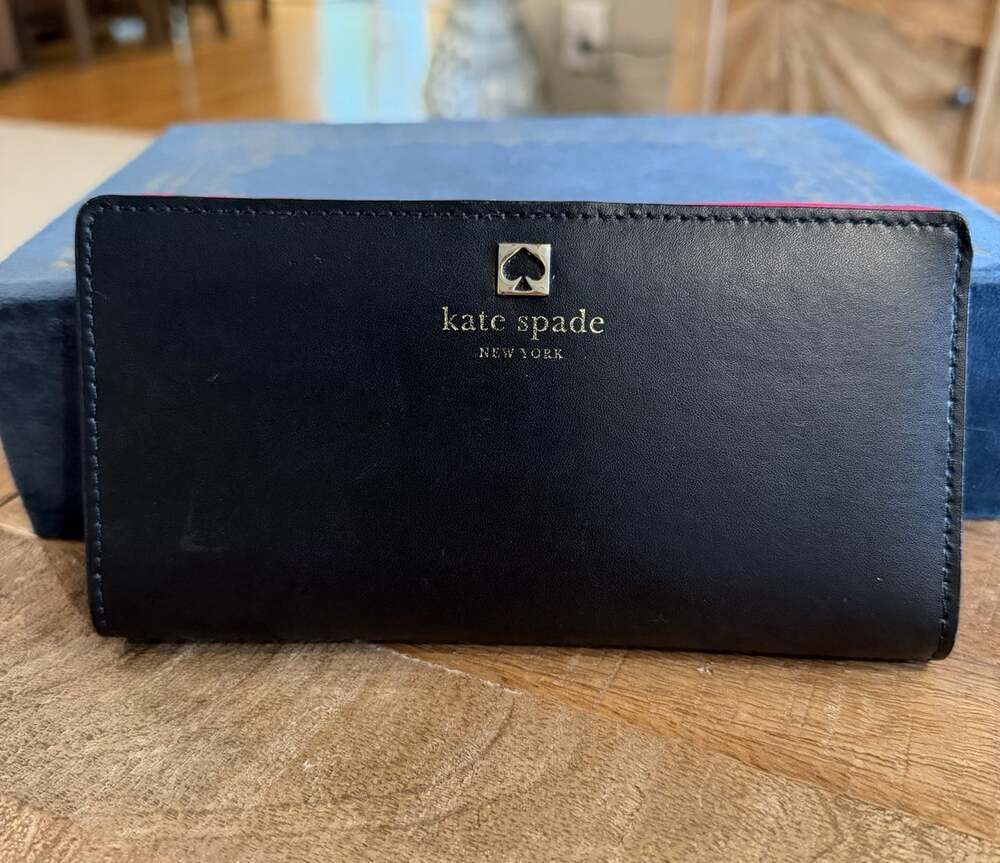 Kate Spade New York Black Pink Bifold Wallet Credit Card Folding Logo Zipper